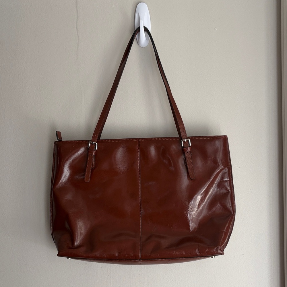Elegant Brown glossy Leather zipper shoulder Tote Bag 11x 15x 3.5 - Picture 2 of 16